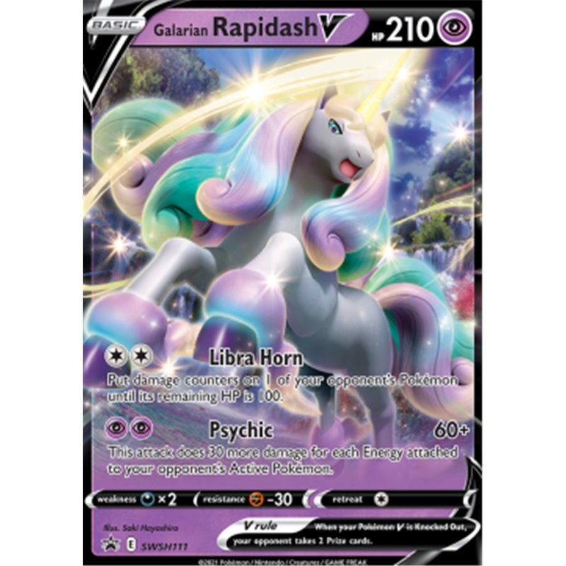 SWSH 111 - Galarian Rapidash VSWSH Black Star Promo's SWSH Black Star Promos€ 1,99 SWSH Black Star Promo's
